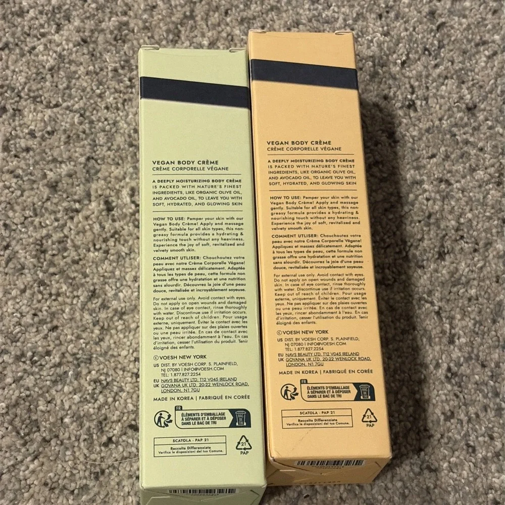 VOESH New York Vegan Lotion (2) Body Cream 3 oz Hydrating Green Tea & Tangerine